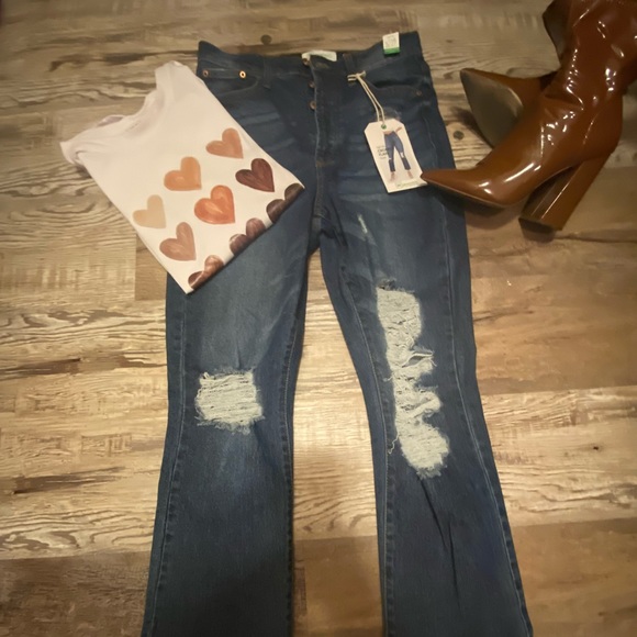 RE Generation High Rise Cropped Flare “Flower” Distressed Jeans, Dark Denim, - Picture 6 of 16